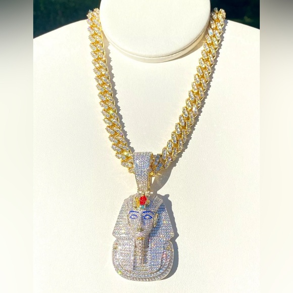Men 14k Gold Fill Stamp Ice Egyptian King Tut Pharaoh Iced Miami Chain+Pendant - Picture 3 of 7